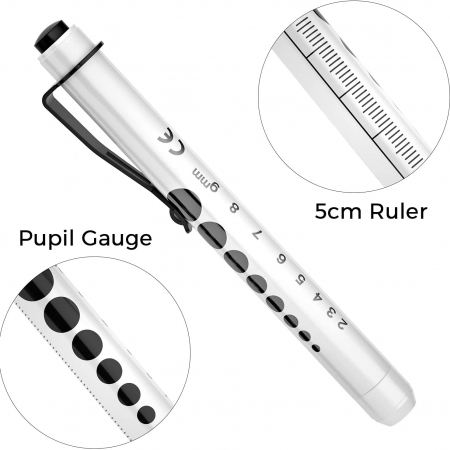 RISEMART Pen Lights for Nurses, 2 Pack Reusable Medical Pen Light with Pupil Gauge and Ruler, White Light LED Penlight for Nurse