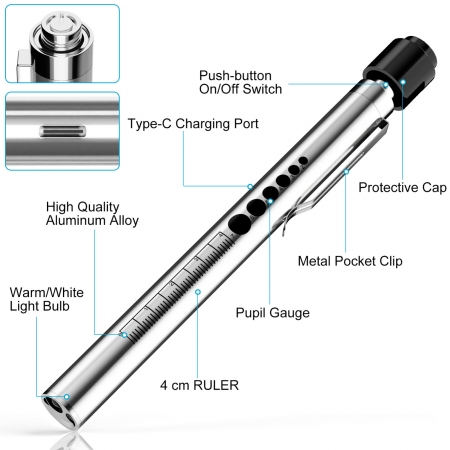RISEMART Pen Light for Nurse, Rechargeable LED Medical Pen Light, Warm&White Light, Portable Medical PenLight silver