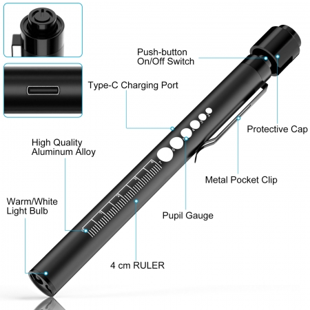 RISEMART Pen Light for Nurse, Rechargeable LED Medical Pen Light, Warm&White Light, Portable Medical PenLight with Pupil Gauge f